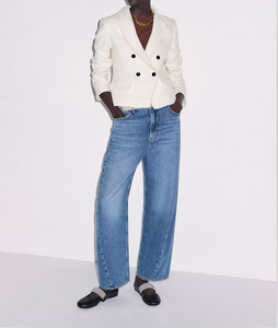 Blazer élégant blanc croisé pour femme en tissu texturé, veste de bureau décontractée avec poches, manteau de costume stylé - Product Image 4