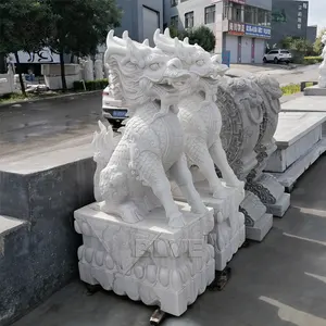 प्राचीन चीनी कला ड्रैगन प्रतिमा उद्यान फेंग शुई पशु Qilin मूर्तिकला सफेद पत्थर संगमरमर Kylin मूर्तियों