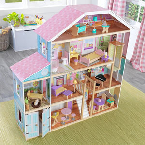Grande maison en bois éducative rose et bleue à construire soi-même avec accessoires, jouets pour filles - Product Image 2