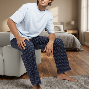 Men's Casual Style Woven Cotton Pant Pajamas with Long Sleeve <b>Top</b> Breathable Yarn Dyed Fabric Pockets 100% Cotton - Product Image 3