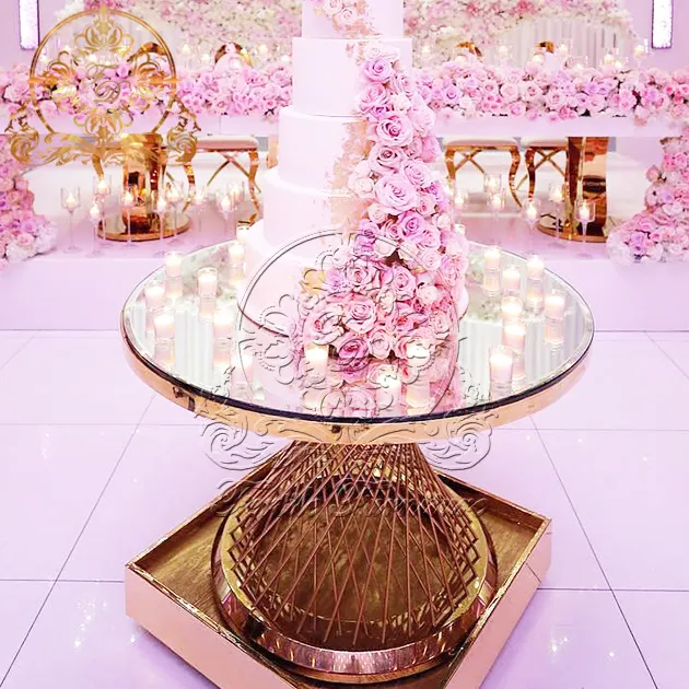 Tavolo da torta per festa di nozze in vetro con materiali in acciaio inossidabile