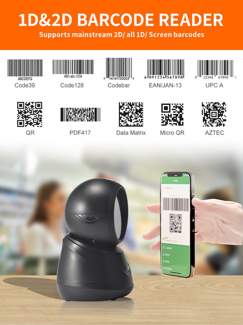 Henex High Quality 2D QR 1D Omnidirectional Handsfree Desktop Barcode Scanner Auto Scanning USB Scanner for Retail Shop