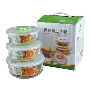 3pcs玻璃搅拌新鲜碗套装圆形水果沙拉碗带塑料盖的冷食品容器饭盒