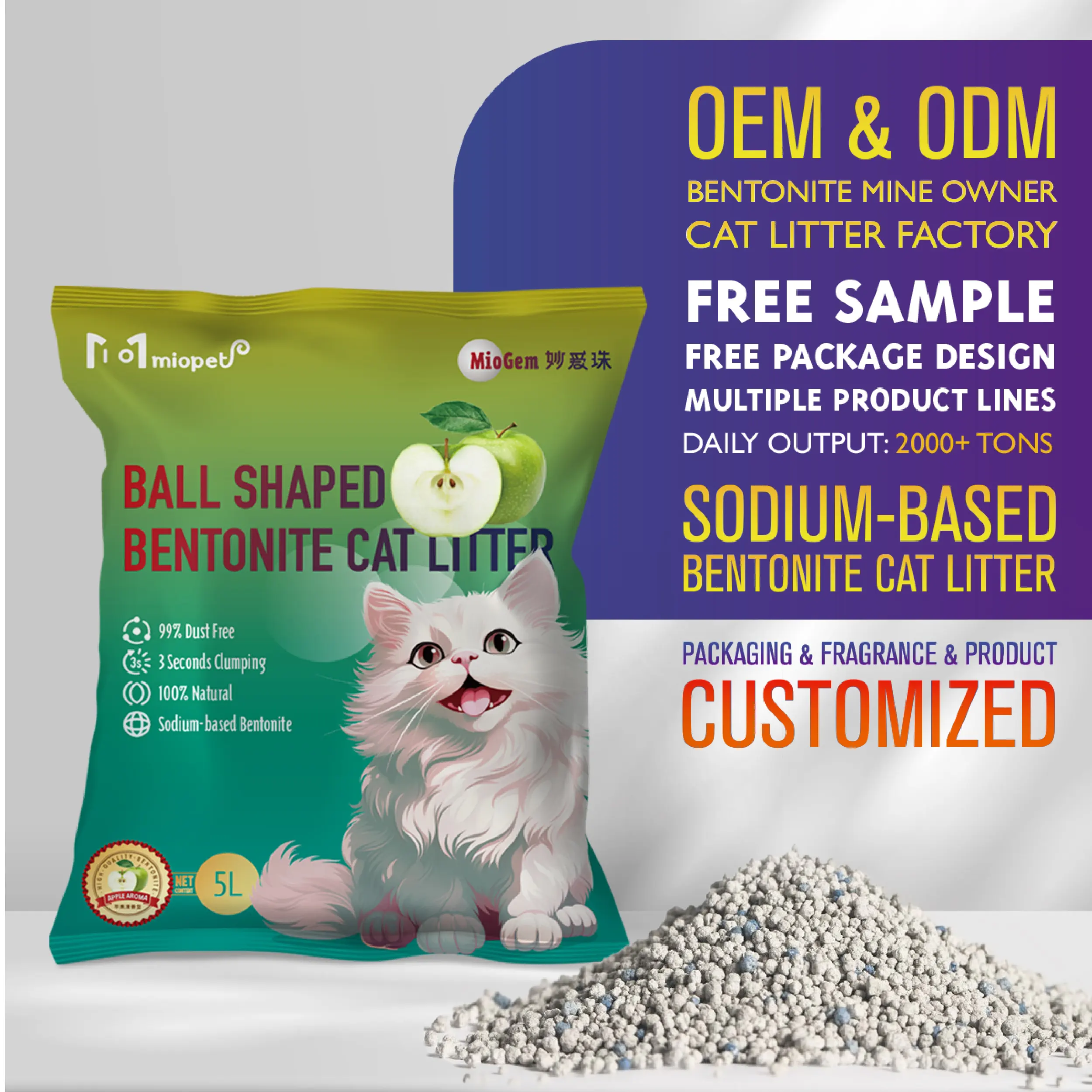 Doğal koku giderici topu şekli güçlü topaklanma kedi kumu tozsuz Premium bentonite kil kedi kumu