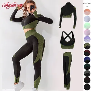 Shaxue Gym 3PCS Sports Yoga Suit For Women fitness Seamless Yoga Set With Zipper Yoga Long Sleeve Gym Seamless Activewear