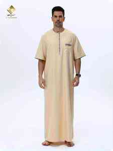Al Haramain <b>Men's</b> Beige <b>Thobe</b> Round Neck Short Sleeve Floor Length Cotton Prayer Robe Middle East Style Casual Loose Fit - Product Image 5