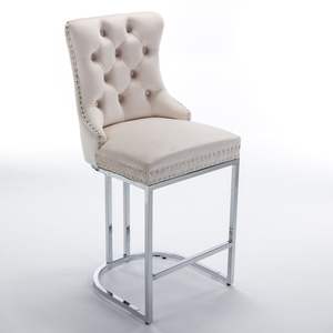 Ensemble de 2 tabourets de bar modernes en velours, dossier boutonné, base chromée, pour îlot de cuisine style farmhouse - Product Image 6