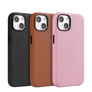 Custom Handmade Minimal Design Slim Fully-Wrapped Genuine Italian Leather Case with metal button for iPhone 13 Pro