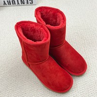 Bottes de neige authentiques pour femmes, bottes mi-mollet en peluche douce avec semelle antidérapante, chaussures d'hiver chaudes en cuir véritable à enfiler
