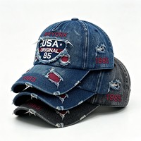 Gorra de Béisbol Estilo Dad Hat de Mezclilla Vintage Lavada al por Mayor, Desgastada, con Agujeros y Deshilachado, Bordado, Hebilla Metálica, Unisex, Logotipo Personalizado