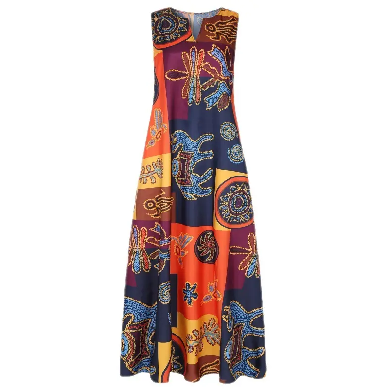 V-Neck bolso sem mangas Vintage Print contraste Patchwork Bloco vestido sem mangas das mulheres vestidos moda 2014