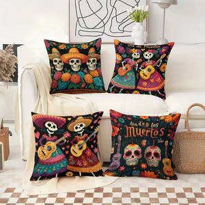 Almohadas decorativas con temática del Día de los Muertos con calaveras y guitarras coloridas para decoración festiva del hogar - Product Image 2