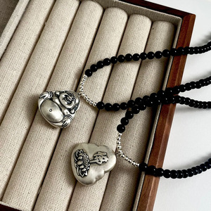 Collar de Plata de Ley 925 con Colgante de Buda Maitreya y Ágata Negra, Estilo Chino, para Uso Diario, Cadena para Clavícula - Product Image 2