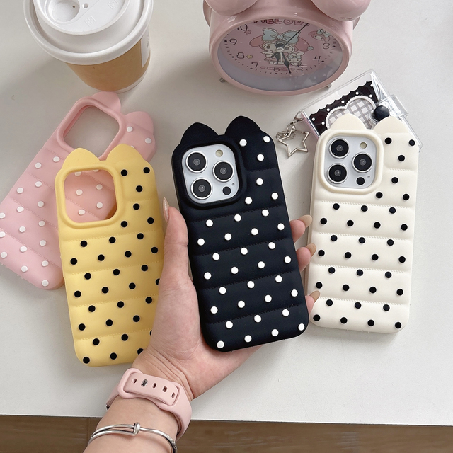 3D Cute Cat Ears Polka Dots Kitty Phone Case for iPhone 17 16 15 14 13 Pro Max Soft Silicone Shockproof Protective Cover Shell