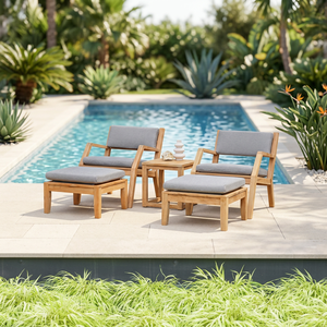 Ensemble de chaises longues d'extérieur en teck massif, 5 pièces, fauteuils inclinables de patio avec ottoman et table d'appoint - Product Image 3