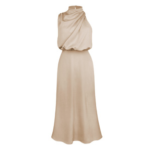 Robe femme mode mariage demoiselle d'honneur solide demi col haut mince mince longueur moyenne jupe licou Satin femme robe de soirée - Product Image 1