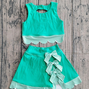 Ensemble de yoga sans manches pour enfant, motif écossais vert, avec nœuds, pour petite fille active, collection été, vente en gros, référence GSD3320 - Product Image 1