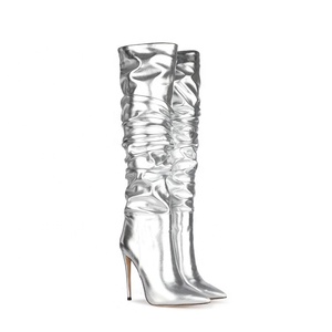 Oro Metallo di Disegno Superiore Delle Donne Sopra Il <span class=keywords><strong>Ginocchio</strong></span> di Alta Boot Coscia Alta Pile Up <span class=keywords><strong>Stivali</strong></span> per Le Donne Dello Stiletto Alti Talloni lunghi stivaletti - Product Image 5