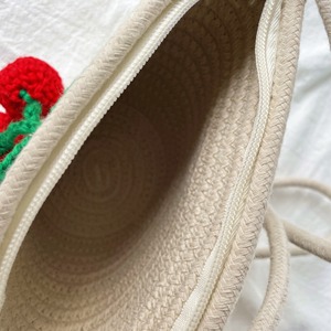 Summer <b>Straw</b> Woven Bucket <b>Bag</b> With Cherry Applique Oval Shape Zipper Closure Beach Portable Bohemian Style Women's Shoulder <b>Bag</b> - Product Image 4