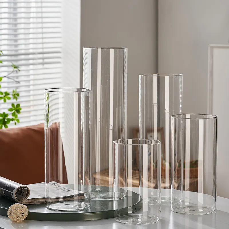 Grosir vas kaca transparan Modern, vas kaca kristal meja, vas kaca silinder bening untuk dekorasi rumah