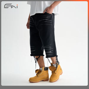 Personnalisé 100% Coton Garçons Recadrée Jorts Lâche Jambe Droite <span class=keywords><strong>Noir</strong></span> Soleil Délavé Lavé Bord Brut Denim Shorts Baggy Streetwear Été - Product Image 5