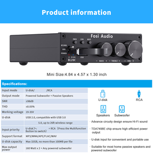 Fosi Audio BL20C 32V Alimentation Lecteur U-Disk 2.1 Récepteur Audio HiFi <span class=keywords><strong>Mini</strong></span> Amplificateur Audio Amplificateur Stéréo <span class=keywords><strong>Classe</strong></span> <span class=keywords><strong>D</strong></span> - Product Image 5