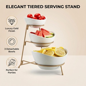 Ensemble de 3 bols en porcelaine blanche de 5, 6 et 7,5 pouces avec support en métal doré, plateau de service à 3 niveaux pour snacks, fruits, sauces, fêtes et décoration intérieure - Product Image 1