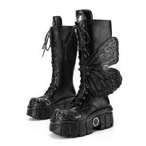 Botas Biker Plateadas Desgastadas Ultra Oscuras - Botas de Media Pantorrilla Estilo Punk con Plataforma Heavy Metal y Recortes de Alas de Mariposa para Mujer - Product Image 1