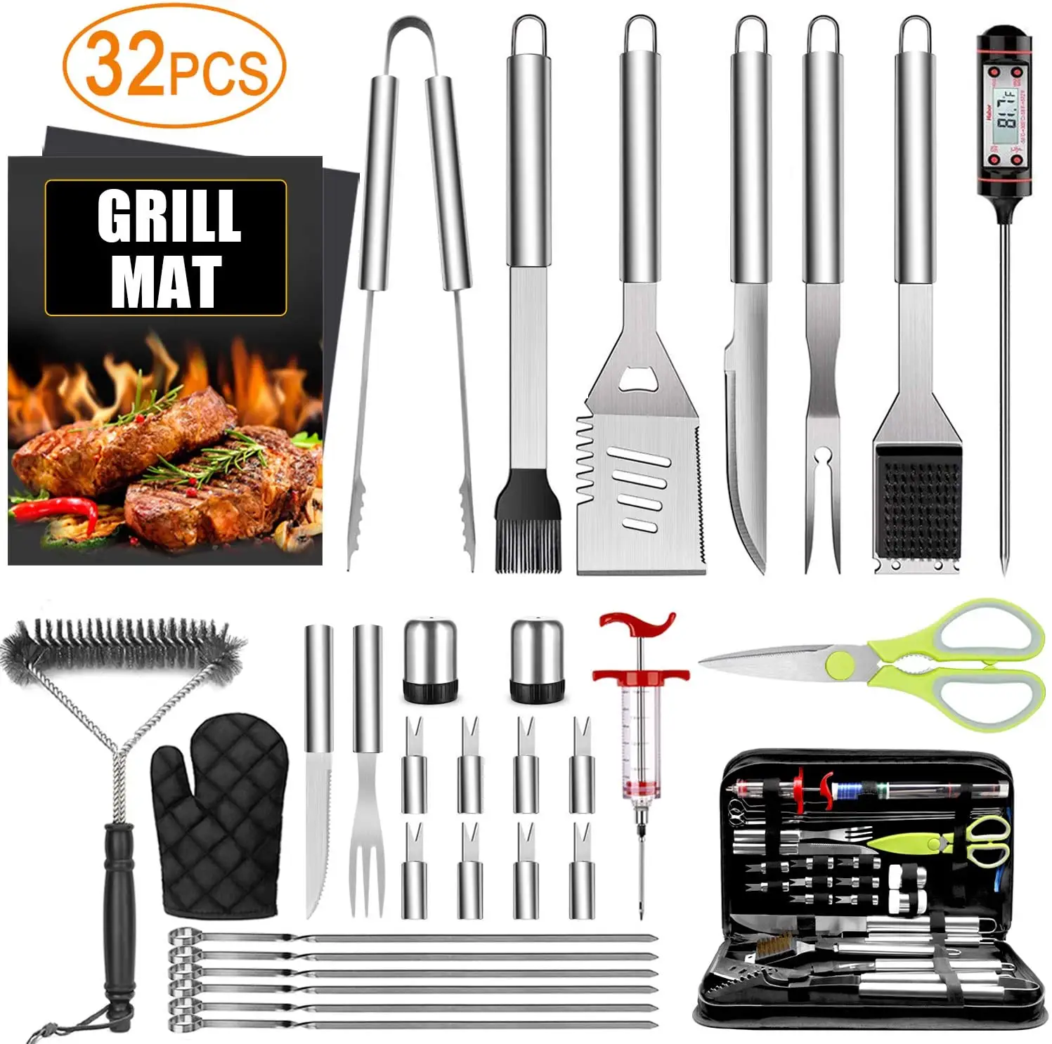 Workpro — ensemble d'outils de cuisson pour barbecue, accessoires pour Grill, en acier inoxydable, avec sac de transport, thermomètre, tapis de Grill, 16 pouces, 32 pièces