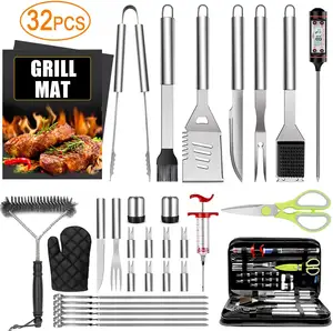 32 Pcs BBQ Grill Accessories Tools Set 16 Inches Stainless Steel Grilling Tools With Carry Bag Thermometer Grill Mats