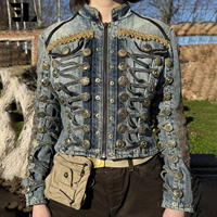 Veste Bomber en Jean Délavé Style Napoléon LARSUR, Coupe Slim, Col Montant, pour Moto, Veste Hussar en Jean Court