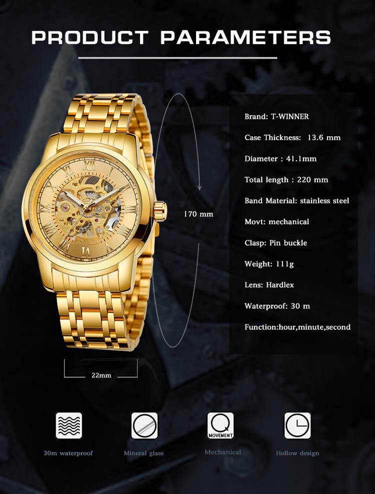 WINNER 8250 роскошные золотые мужские механические часы костюм браслет из нержавеющей стали водостойкий светящийся для отдыха бизнеса relo