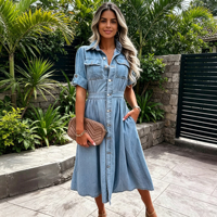 Robe en jean ajustée à revers et boutonnée, vente en gros Chine 2026, nouvelle arrivée pour les boutiques indépendantes transfrontalières UE/États-Unis pour l'Amérique