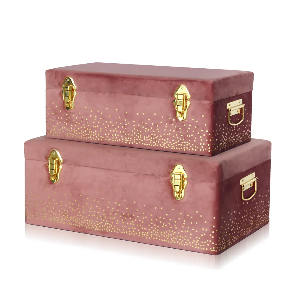 Coral pink color velvet fabric storage trunk set