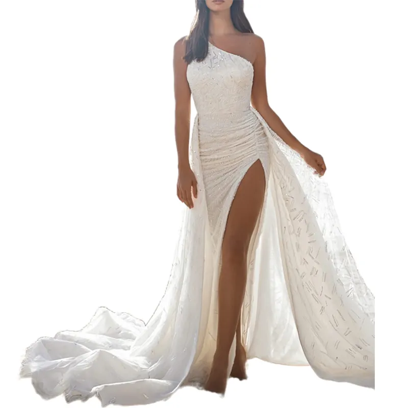 فستان زفاف نسائي, فستان زفاف أبيض نقي أنيق بدون أكمام ذو تصميم ضيق مناسب لحفلات الزفاف لعام 2021