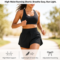 Shorts de course pour femmes OEM, taille élastique avec cordon de serrage, fente latérale, empiècement en maille, noir, coupe ample, séchage rapide, vêtements de sport, fournisseur en gros