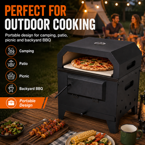 <span class=keywords><strong>Barbecue</strong></span> portable au charbon de bois avec couvercle four à pizza, fourneau de camping extérieur avec thermomètre et pierre à pizza - Product Image 5