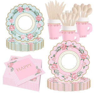 ชุดถ้วยน้ำชา จานรอง กระดาษเช็ดปาก ถ้วยชาและจานรองพร้อมหูจับ สำหรับงานเลี้ยงวันเกิดเจ้าหญิง ตกแต่งงานฉลองวันเกิดเด็ก ลายดอกไม้ - Product Image 3
