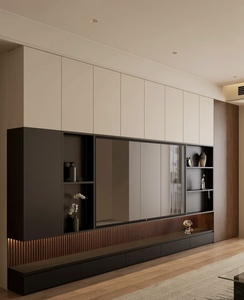 แผงประตูเมลามีน ดีไซน์โมเดิร์นมินิมอล ตู้วางทีวีติดผนังห้องนั่งเล่นแบบกำหนดเอง พร้อมที่เก็บของแบบซ่อน - Product Image 1