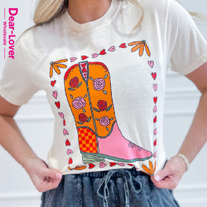 Dear-Lover Vente en gros Boutique T-<span class=keywords><strong>shirt</strong></span> graphique imprimé à manches courtes, style décontracté <span class=keywords><strong>chic</strong></span>, motif bottes de cow-girl, chemise western pour femme - Product Image 5