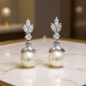 Orecchini Pendenti E3597 in Oro Bianco con Perle Akoya, Perle Coltivate Rotonde AAA, Gioielli Classici da Sposa per Donna, Montatura a Griffe in Oro 18K - Product Image 2