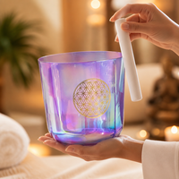 Bol chantant en quartz cristallin Alchemy 432Hz, 5-9 pouces, motif Fleur de Vie, logo personnalisé, vente en gros usine, fournitures pour studio de yoga et bain sonore