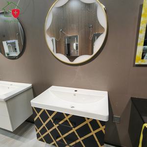 Mueble de baño con rayas negras, encimera blanca, lavabo, espejo redondo montado en la pared - Product Image 5