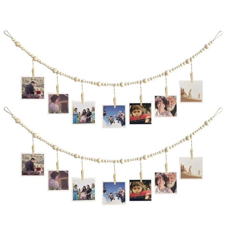 Wall Hanging Photo Display With Wooden Beads Garland Boho Collage Picture DIY Picture Photo Frame Set Wood Clips For Home Decor