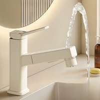 Robinet de salle de bain blanc crème avec douchette extractible pour lavabo, eau chaude et froide