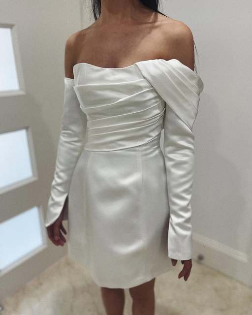 Mily Bridal ML319 Elegant Off Shoulder Strapless Pleat Design Mini Wedding Dress Simple Long Sleeve Bridal Gown
