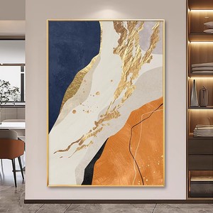 Peinture à l'huile abstraite, orange, or, bleu, cadre métallique, art contemporain, grande décoration murale pour entrée, salon, fond de canapé - Product Image 1