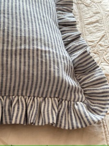 Blue Ticking Stripe Lino Ruffled Euro Sham, Funda de cojín a rayas de caramelo con volante, Suavizado Shabby Chic Reversible Pillow Sham - Product Image 6