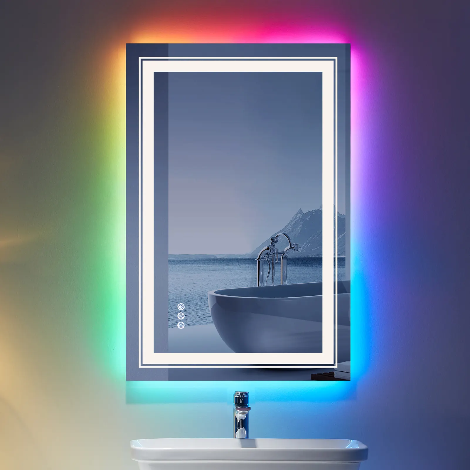 Fast Delivery Newly Frame-less Super Bright Rectangle RGB Back-lit Bath Mirror Defog Bathroom Wall Decorative LED Mirror