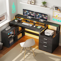Bureau d'ordinateur d'angle en forme de L avec éclairage LED et prises électriques, 3 tiroirs et un classeur pour le bureau ou la maison